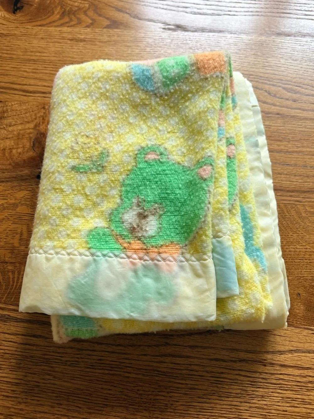 Vintage Pastel Animal Baby Blanket with Satin trim made in USA baby Gordon style